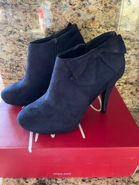 Impo Navy Suede High Heel Ankle Booties with Bow Detail